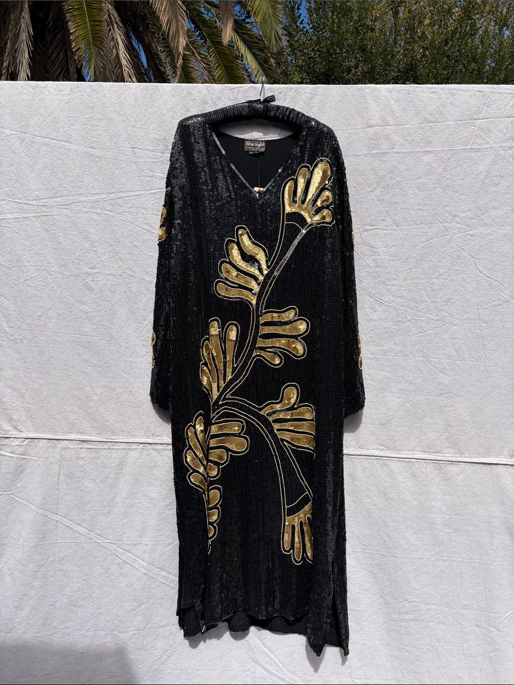 Black Sequin Maxi Dress with Gold Leaf Appliqué